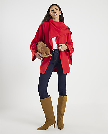 Red Wool Blend Mid Length Scarf Coat