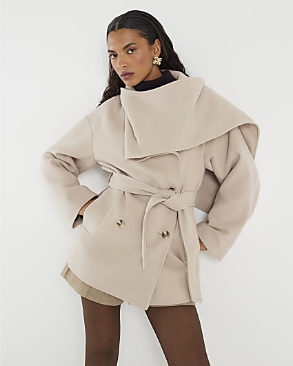 Beige Wool Blend Mid Length Scarf Coat