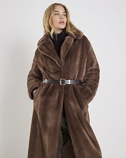Brown Faux Fur Longline Belted Coat