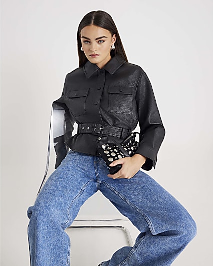 Black Belted Faux Leather Shirt