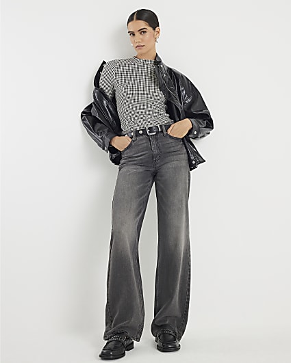 Black Long Sleeve Dogtooth Print Top
