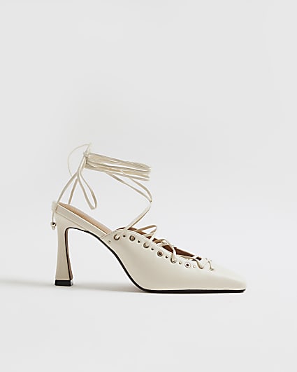 Cream Lace Up Court Heels