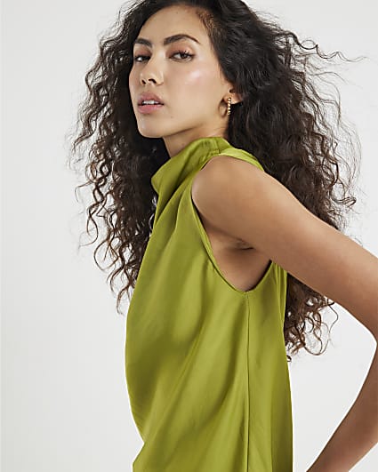 Green Satin Cowl Neck Tank Top