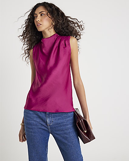 Pink Satin Cowl Neck Tank Top