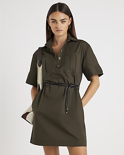 Khaki Utility Mini Shirt Dress