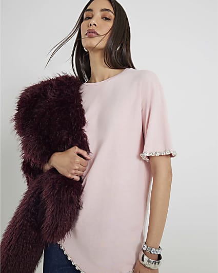 Pink Short Sleeve Curved Hem Diamante T-shirt