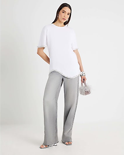 White Scallop Hem Diamante T-shirt