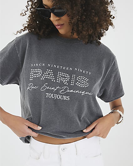 Grey Short Sleeve Paris Studded T-shirt