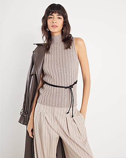 Grey Belted Knit ribbed tank top