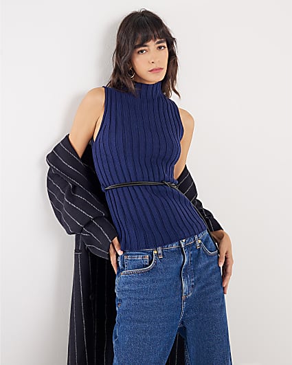 Navy Belted Knit ribbed tank top