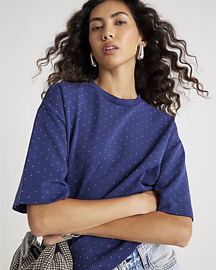 Navy Premium Short Sleeve Diamante T-shirt