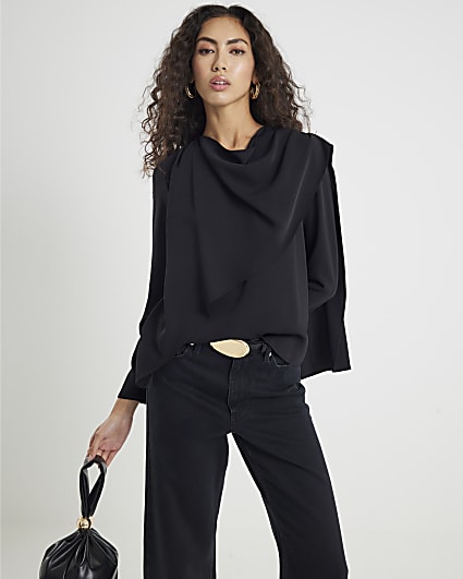 Black Cowl Neck Drape Blouse