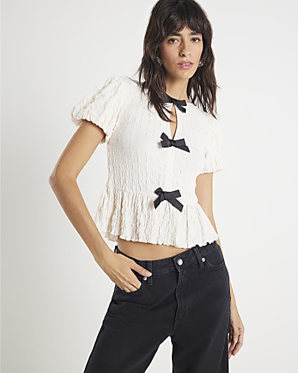 Cream Short Sleeve Textured Bow Top