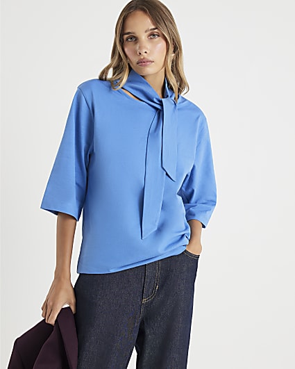 Blue Short Sleeve Scarf Neck T-shirt