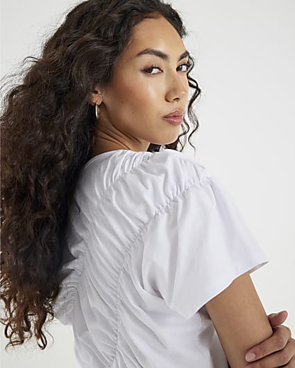 White Short Sleeve Ruched Front T-shirt