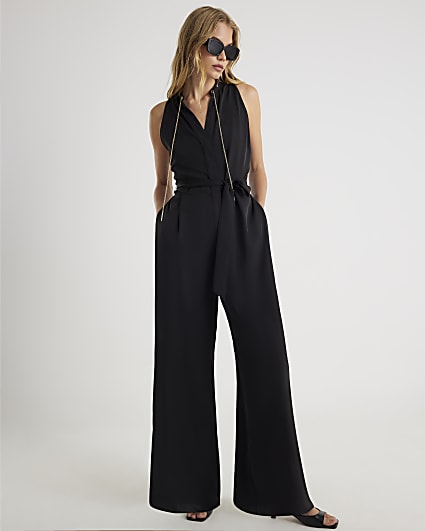 Black Chain Detail Wide Leg Jumpsuit