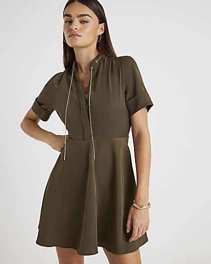 Khaki Chain Detail Skater Mini Dress