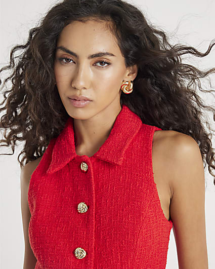 Red Boucle High Neck Collared Waistcoat