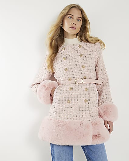 Pink Boucle Collarless Swing Fur Trim Coat