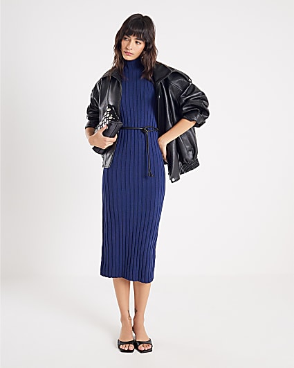 Navy Sleeveless Belted Rib Dress