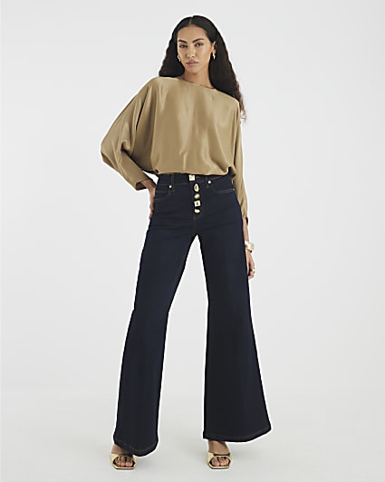 Khaki Satin Long Batwing Sleeve Top