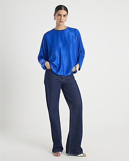 Blue Satin Long Batwing Sleeve Top