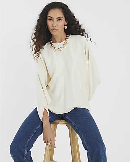 Cream Satin Long Batwing Sleeve Top