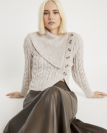 Beige Cable Knit Fold Over Jumper