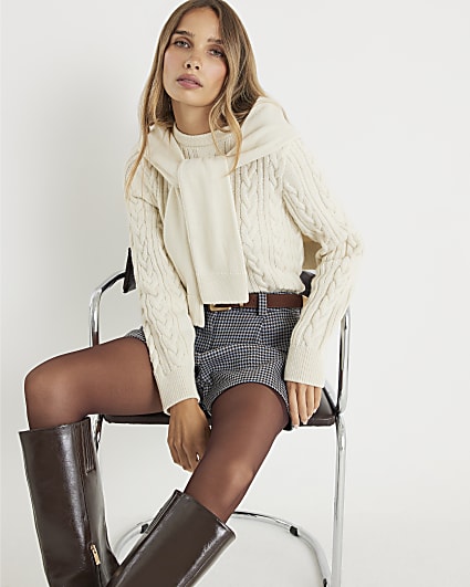 Cream Cable Knit Tie Neck Jumper