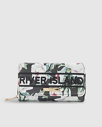 Black Floral Flap Zip Around Purse