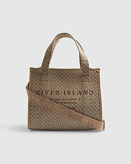 Beige Diamante Embroidered Monogram Tote Bag