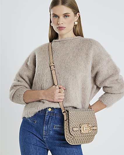 Beige Monogram Snaffle Cross Body Saddle Bag