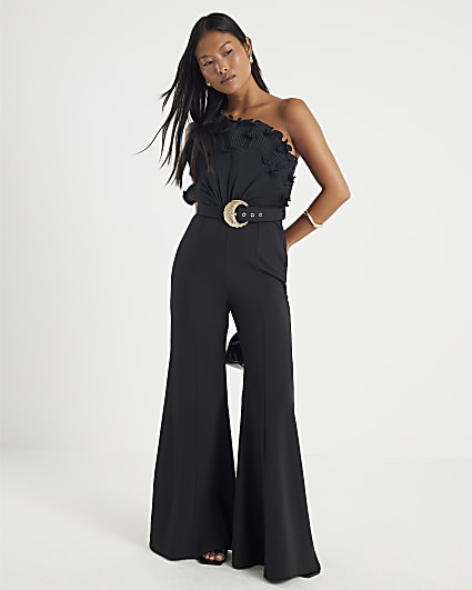 Petite Black One Shoulder Belted Jumpsuit