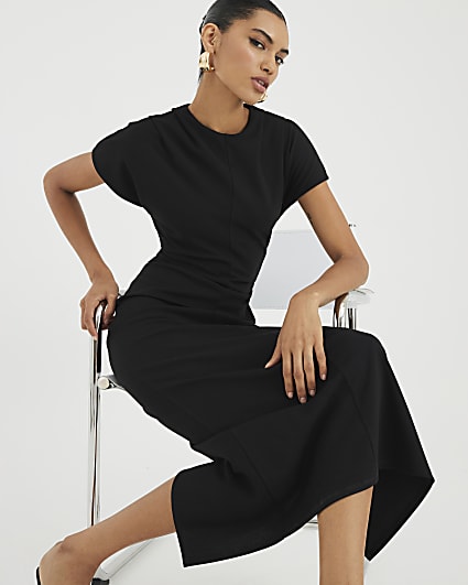 Black Short Sleeve Side Drape Midi Dress