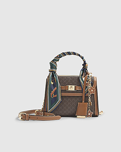Brown Scarf Detail Monogram Print Tote Bag