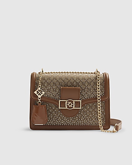 Beige Diamante Panelled Shoulder Bag