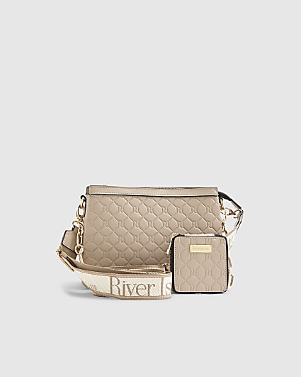 Beige Embossed Monogram Chain Cross Body Bag