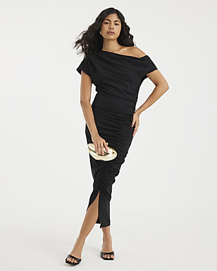 Black Scuba Short Sleeve Ruched Midi Dress