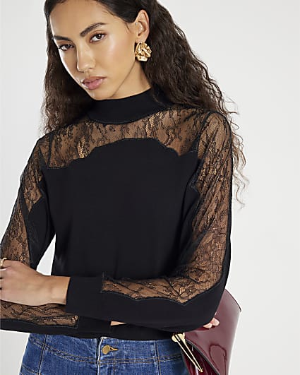 Black Lace Mix Hybrid Long Sleeve Top