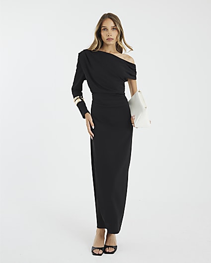 Black Long Sleeve Asymmetric Drape Midi Dress