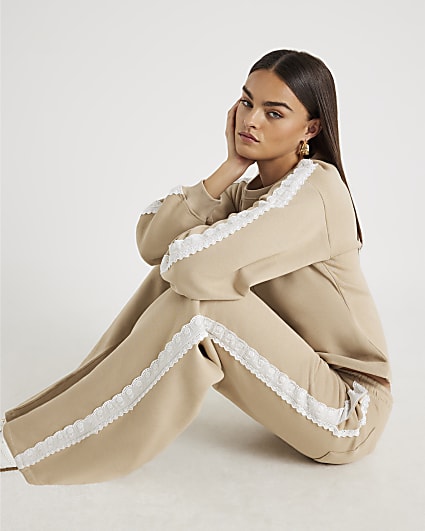 Beige Lace Trim Wide Leg Joggers