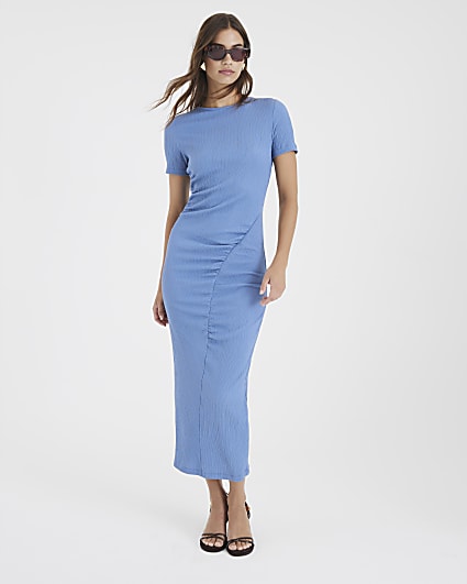 Blue Textured Drape Midi Dress