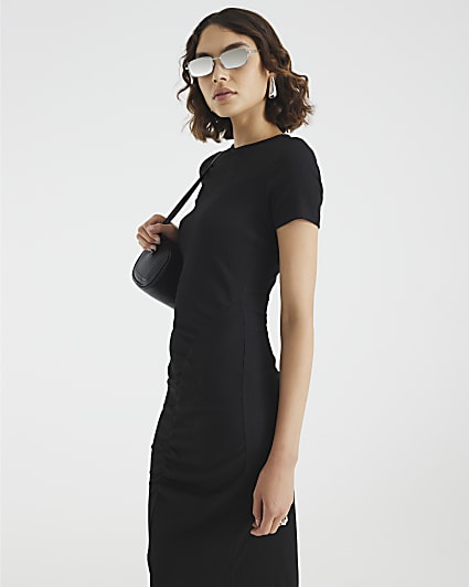 Black Textured Drape Midi Dress