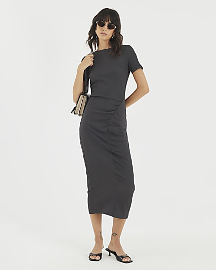 Grey Textured Drape Midi Dress