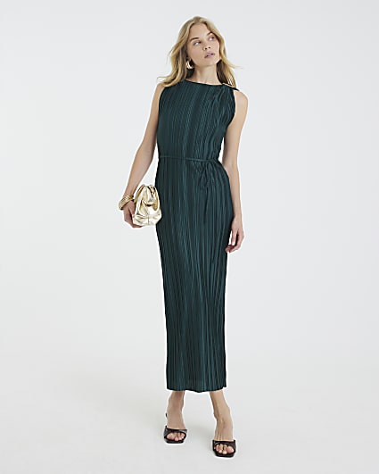 Green Plisse Sleeveless Belted Midi Dress