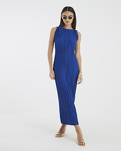 Blue Sleeveless Plisse Belted Midi Dress