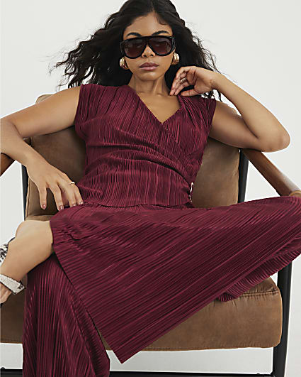 Red Plisse Wide Leg Trousers