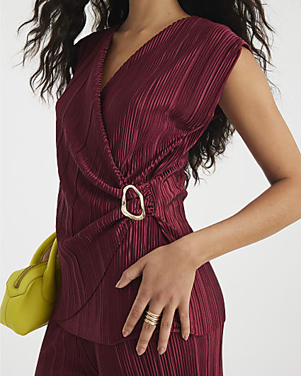 Red Plisse Sleeveless Gold Trim Top