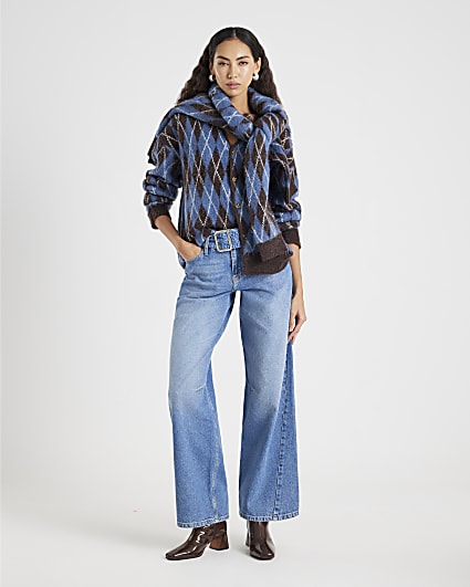 Blue Mid Rise Belted Tapered Jeans