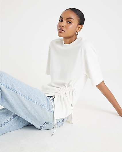 White Short Sleeve Ruched Side Toggle T-shirt